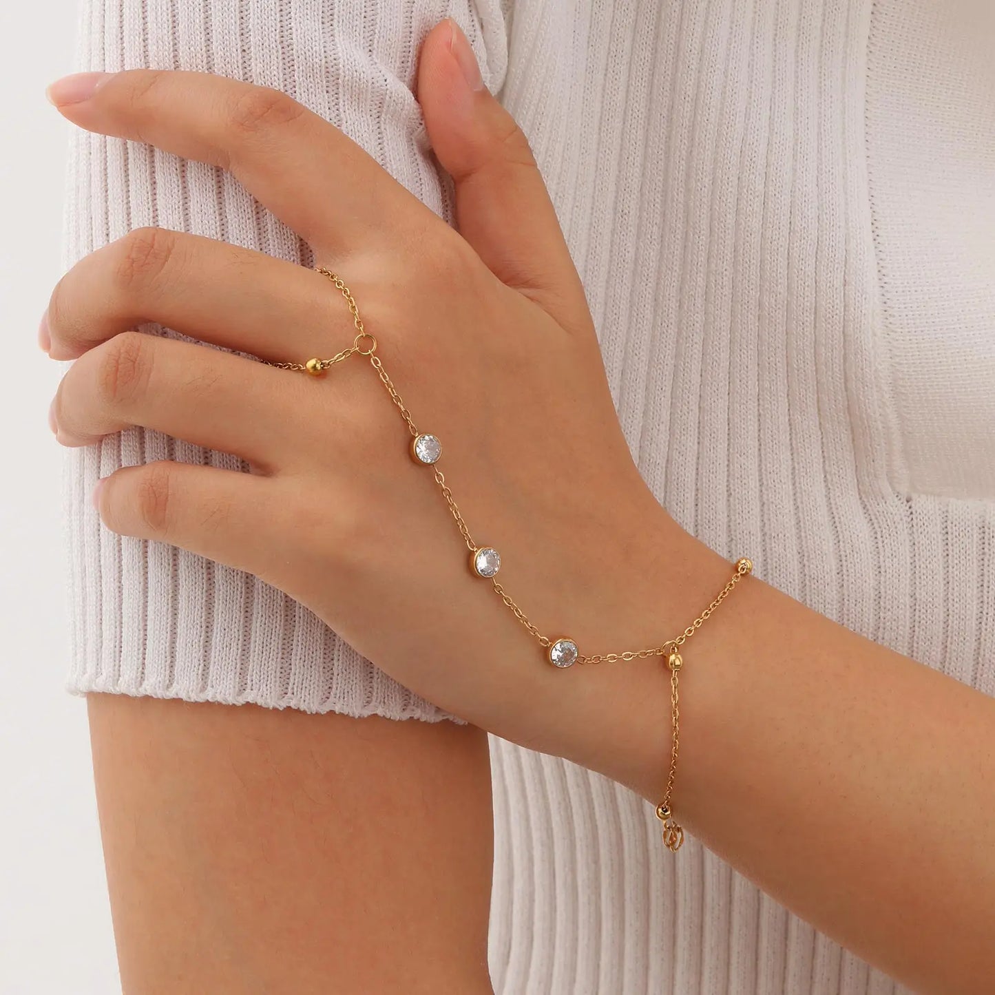 Stainless Steel Imitation Pearl Finger Ring Charms Bracelets for Women Bead chain zircon Mittens Tassel Bracelet Jewelry Gifts
