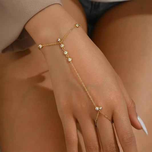 Hand Chain Bracelet for Women Dainty 18K Gold Plate Stainless Steel Cubic Zirconia Chain Ring Bracelet Adjustable Trendy Jewelry