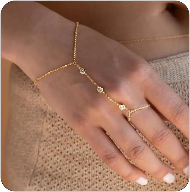 Hand Chain Bracelet for Women Dainty 18K Gold Plate Stainless Steel Cubic Zirconia Chain Ring Bracelet Adjustable Trendy Jewelry