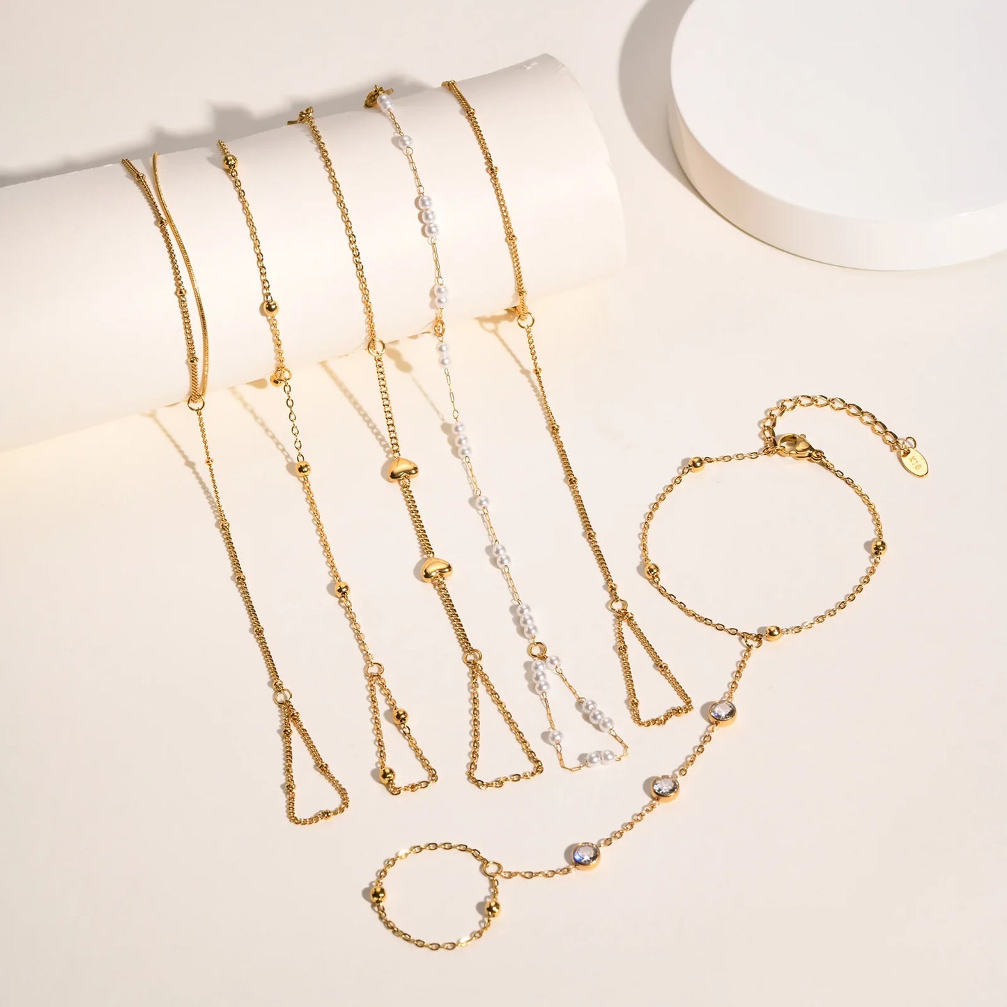 Stainless Steel Imitation Pearl Finger Ring Charms Bracelets for Women Bead chain zircon Mittens Tassel Bracelet Jewelry Gifts