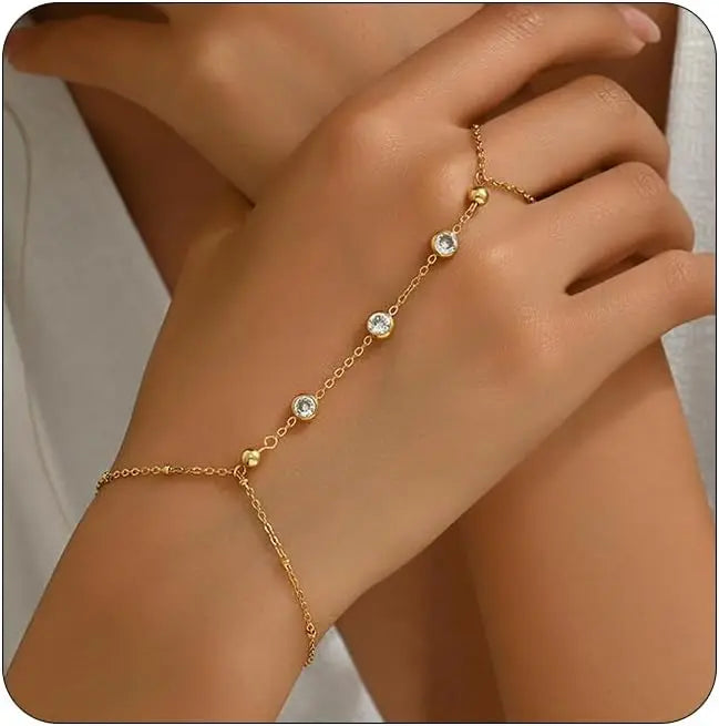 Hand Chain Bracelet for Women Dainty 18K Gold Plate Stainless Steel Cubic Zirconia Chain Ring Bracelet Adjustable Trendy Jewelry