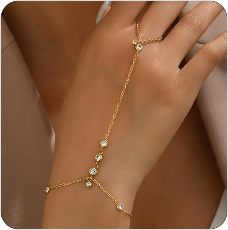 Hand Chain Bracelet for Women Dainty 18K Gold Plate Stainless Steel Cubic Zirconia Chain Ring Bracelet Adjustable Trendy Jewelry
