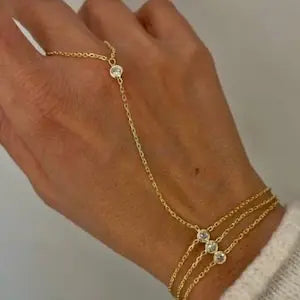 Hand Chain Bracelet for Women Dainty 18K Gold Plate Stainless Steel Cubic Zirconia Chain Ring Bracelet Adjustable Trendy Jewelry