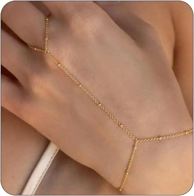 Hand Chain Bracelet for Women Dainty 18K Gold Plate Stainless Steel Cubic Zirconia Chain Ring Bracelet Adjustable Trendy Jewelry