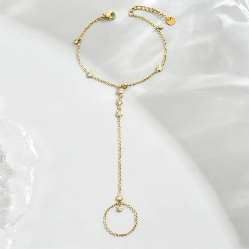 Hand Chain Bracelet for Women Dainty 18K Gold Plate Stainless Steel Cubic Zirconia Chain Ring Bracelet Adjustable Trendy Jewelry
