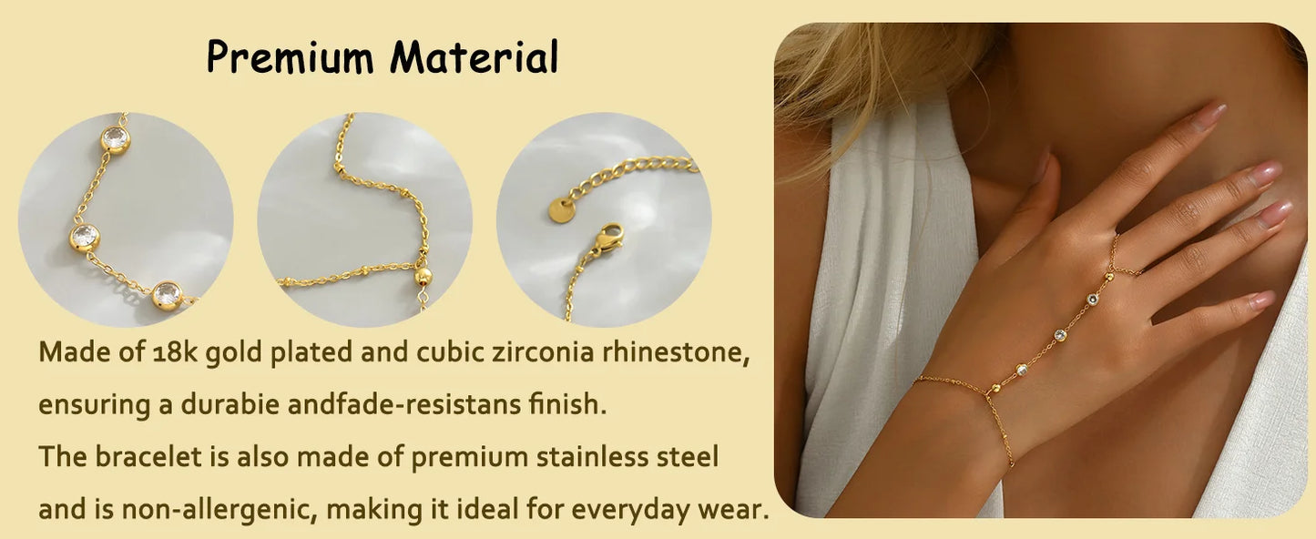 Hand Chain Bracelet for Women Dainty 18K Gold Plate Stainless Steel Cubic Zirconia Chain Ring Bracelet Adjustable Trendy Jewelry