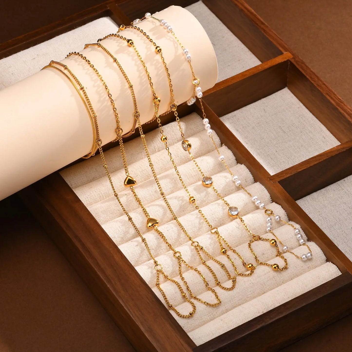Stainless Steel Imitation Pearl Finger Ring Charms Bracelets for Women Bead chain zircon Mittens Tassel Bracelet Jewelry Gifts