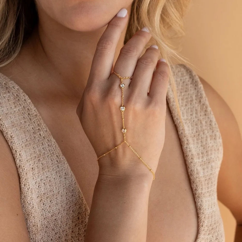 MEDFOLY Adjustable Finger Ring Bracelets for Women Simple Boho 14K Gold Plated Anti-alleCZ Rhinestone Accessories Jewelry Gifts