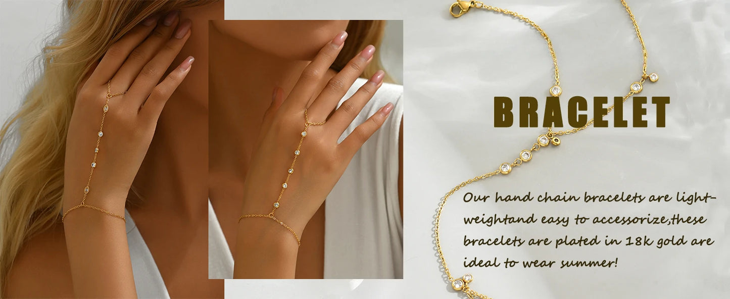 Hand Chain Bracelet for Women Dainty 18K Gold Plate Stainless Steel Cubic Zirconia Chain Ring Bracelet Adjustable Trendy Jewelry