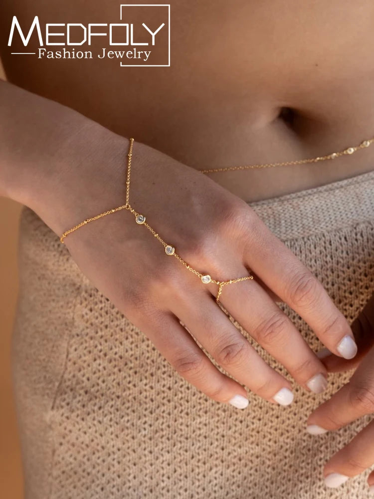 MEDFOLY Adjustable Finger Ring Bracelets for Women Simple Boho 14K Gold Plated Anti-alleCZ Rhinestone Accessories Jewelry Gifts