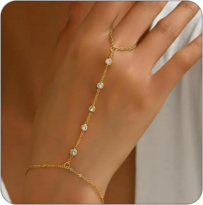 Hand Chain Bracelet for Women Dainty 18K Gold Plate Stainless Steel Cubic Zirconia Chain Ring Bracelet Adjustable Trendy Jewelry
