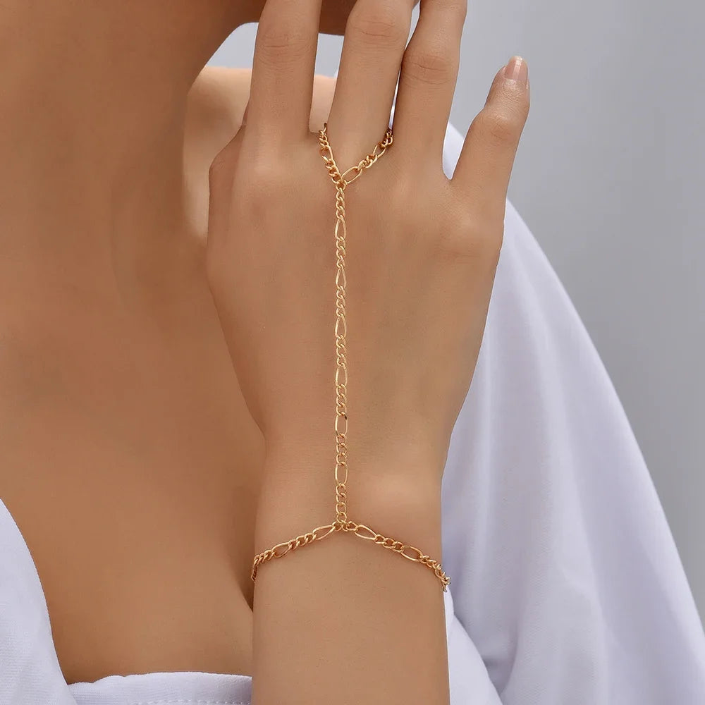 Dainty Hand Chain Bracelet Ring Gold Plated Handmade Link Chains Connecting Harness Bracelets Hand Jewelry for Women Trendy Gift