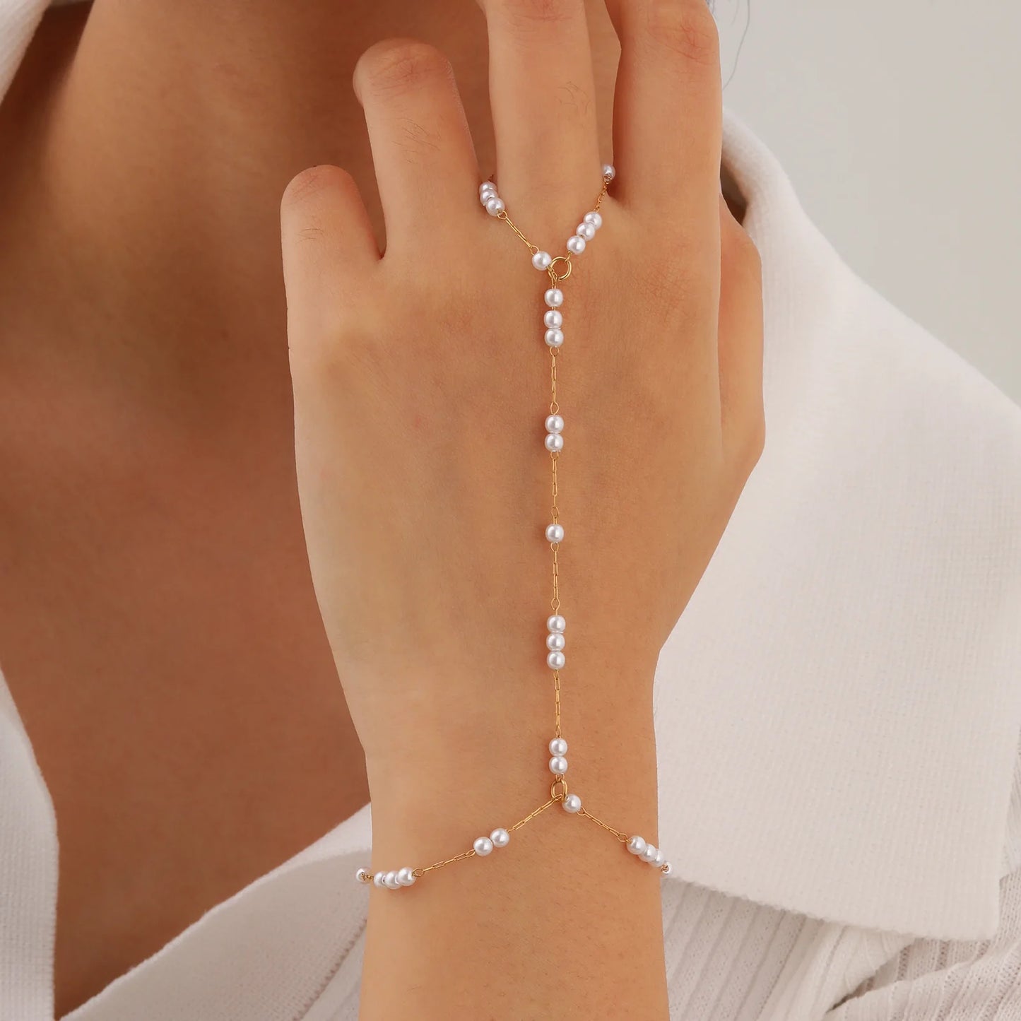 Stainless Steel Imitation Pearl Finger Ring Charms Bracelets for Women Bead chain zircon Mittens Tassel Bracelet Jewelry Gifts