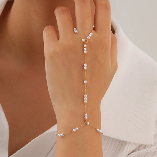 Stainless Steel Imitation Pearl Finger Ring Charms Bracelets for Women Bead chain zircon Mittens Tassel Bracelet Jewelry Gifts