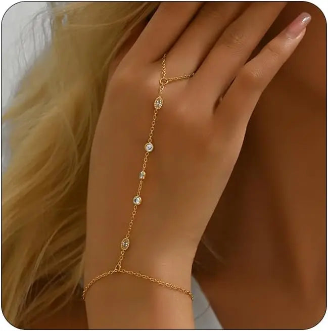 Hand Chain Bracelet for Women Dainty 18K Gold Plate Stainless Steel Cubic Zirconia Chain Ring Bracelet Adjustable Trendy Jewelry